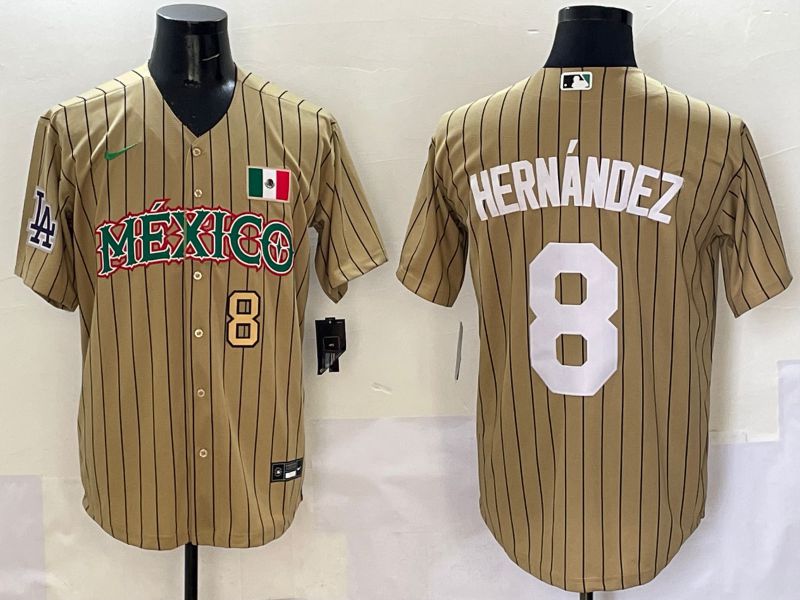 Men Los Angeles Dodgers 8 Hernandez Brown Stripe Mexico Joint Name 2025 Nike MLB Jersey style 6